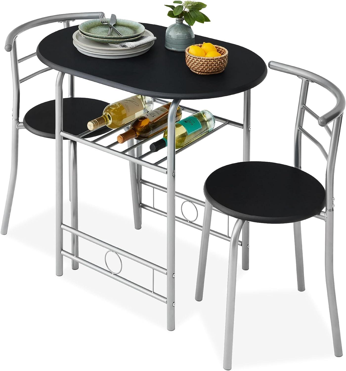 Compact Black/Silver 3-Piece Dining Set with Built-In Wine Rack