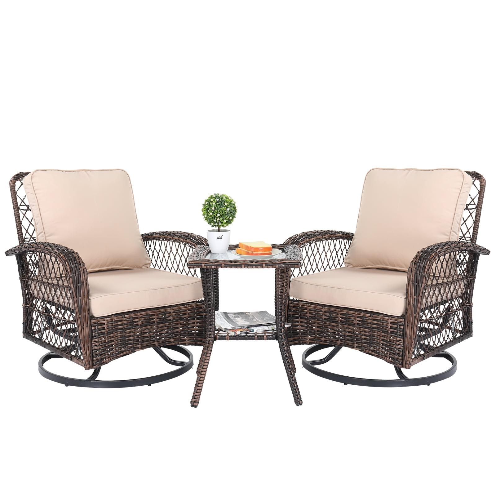 Brown Gradient Wicker Patio Bistro Set with Cushions and Glass Table