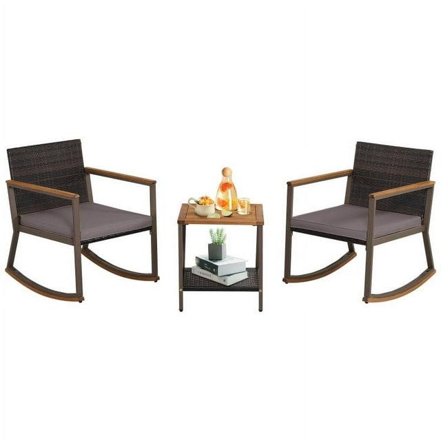 3 Pieces Rattan Rocking Bistro Set, Patio Conversation Sets with Coffee Table and Cushions-Off Navy