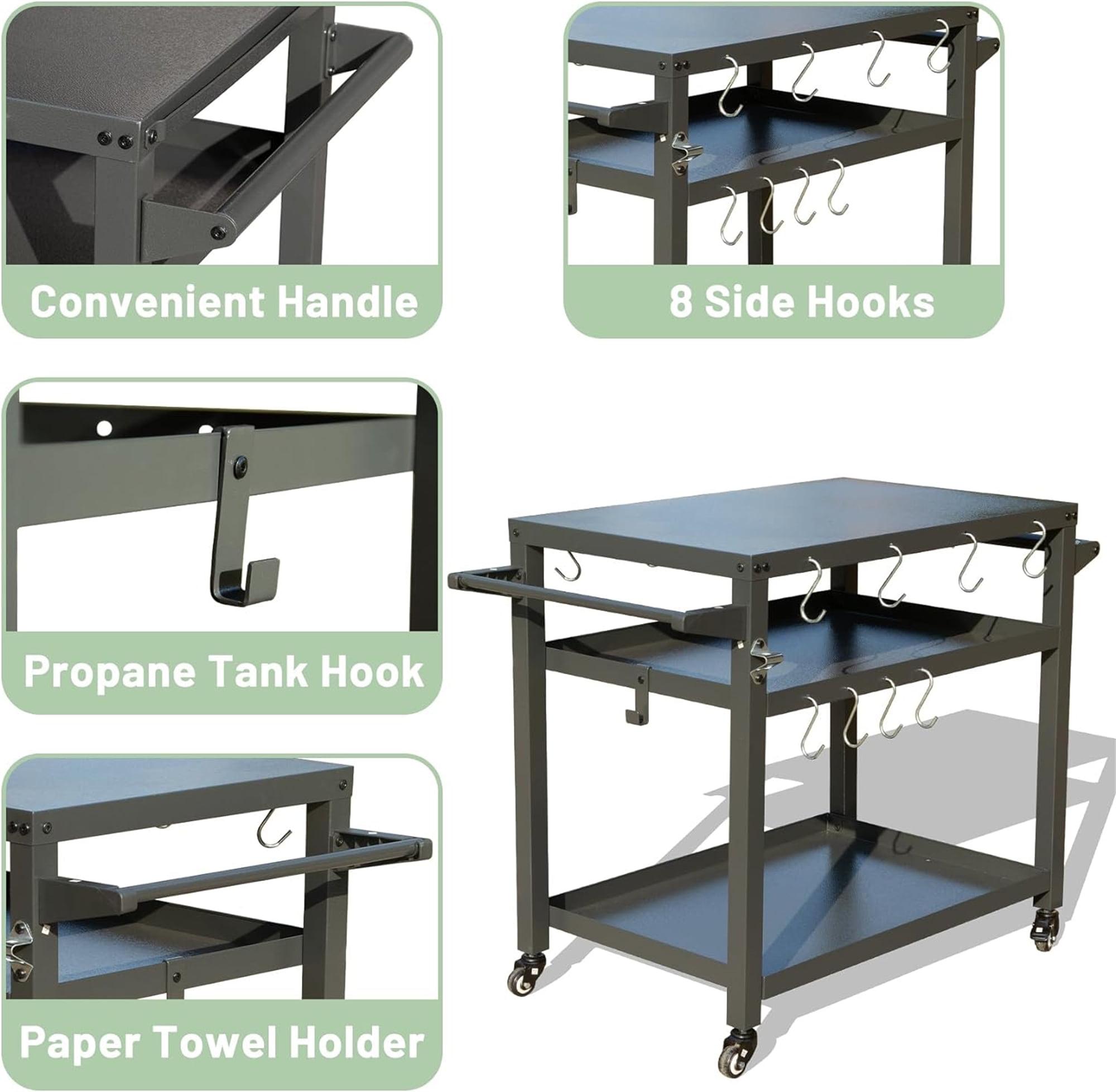 3-Shelf Outdoor Grill Table, Grill Cart With Wheels, Outdoor Pizza Oven Table And Food Prep Table, Blackstone Table With Propane Tank Hook, Grill Stand For Blackstone Griddle For Outside