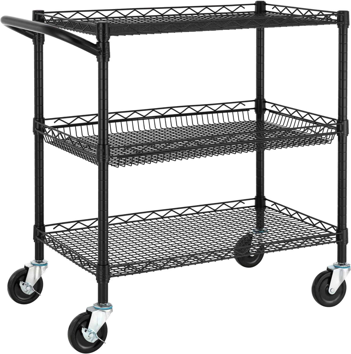 3 Tier Heavy Duty Commercial Grade Utility Cart, Wire Rolling Cart with Handle Bar, Steel Service Cart with Wheels, Kitchen Carts on Wheels, Metal Cart Shelf Size 18" D x 36" W, NSF, Chrome