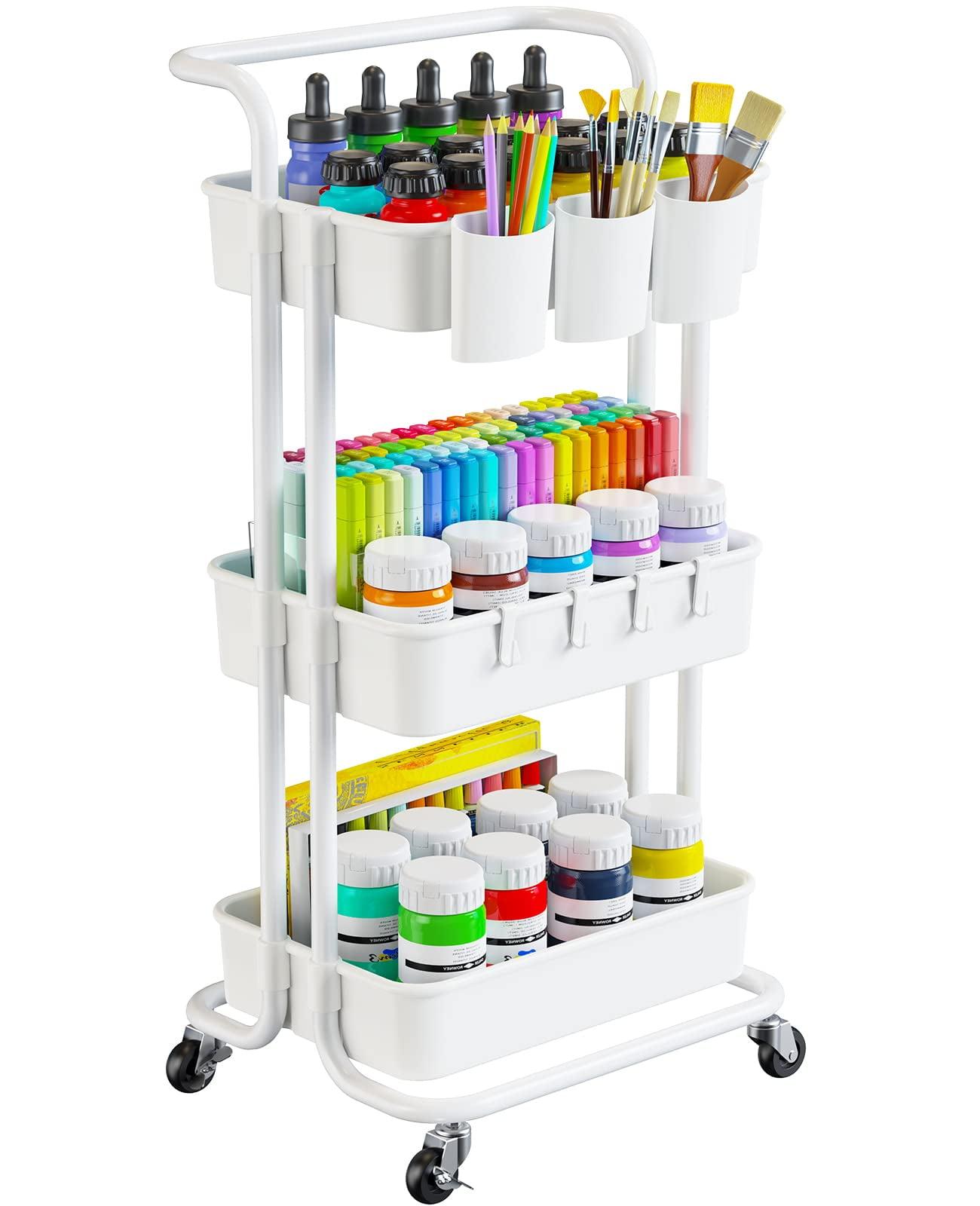 3-Tier Metal Rolling Cart Utility Cart Storage Cart with Lockable Wheels, 3 Hanging Cups & 4 Hooks for Office, Kitchen, White