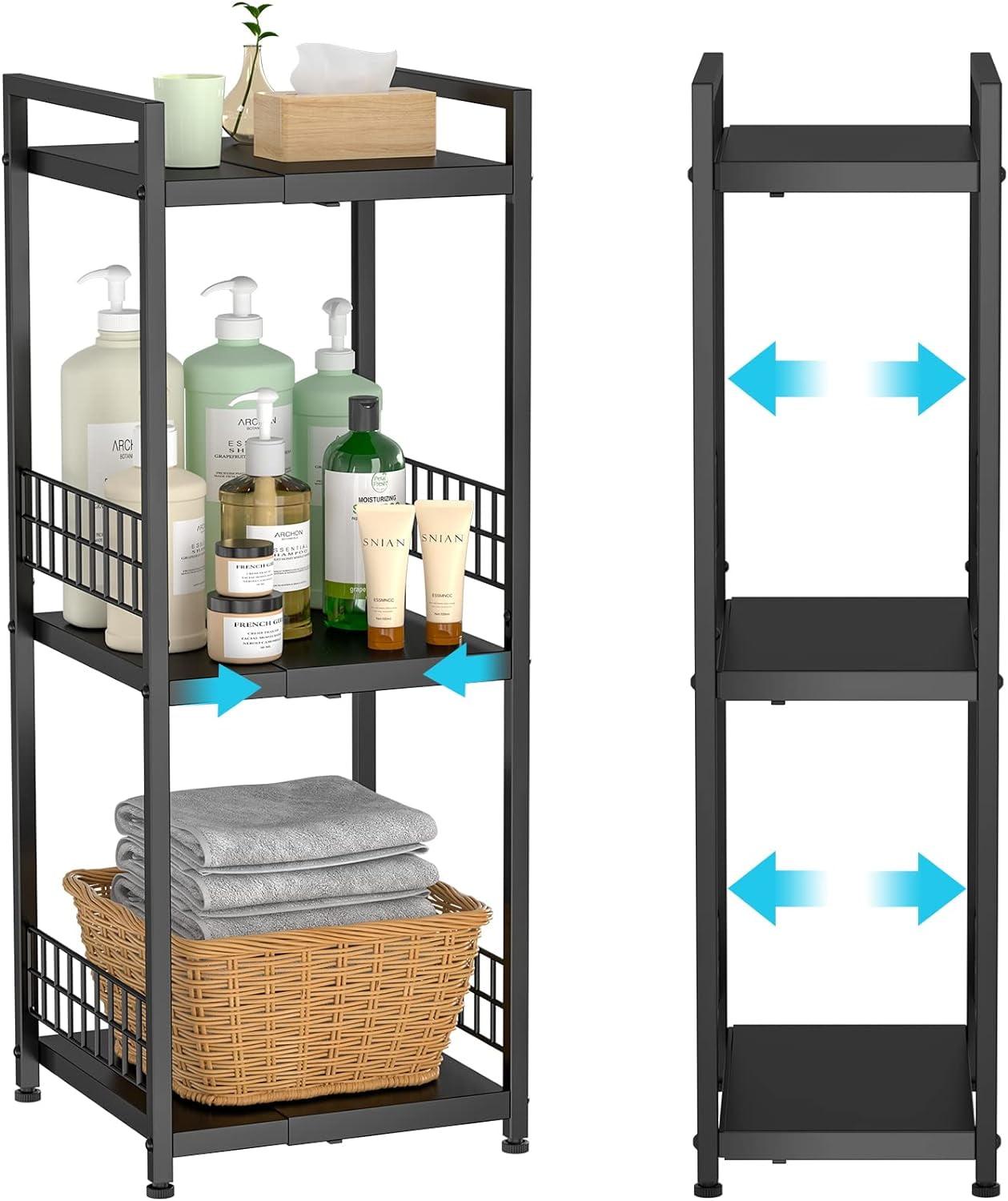 3-Tier Metal Shelving Unit, Expandable, Free-Standing, Narrow, Open Floor Shelves, Ideal for Bathroom, Kitchen, Laundry, Storage, Organization