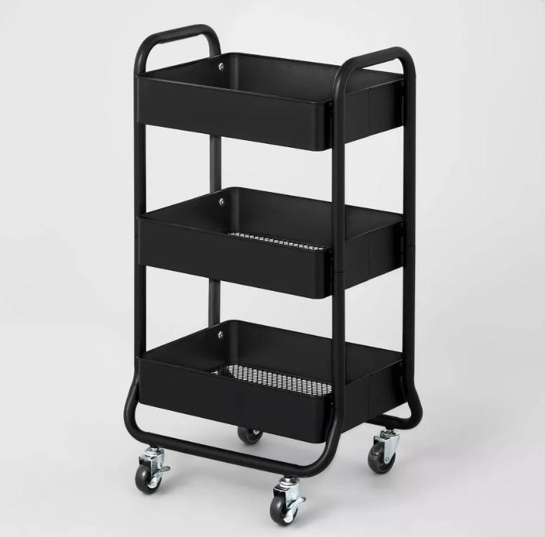 Black 3-Tier Metal Utility Cart with Locking Wheels