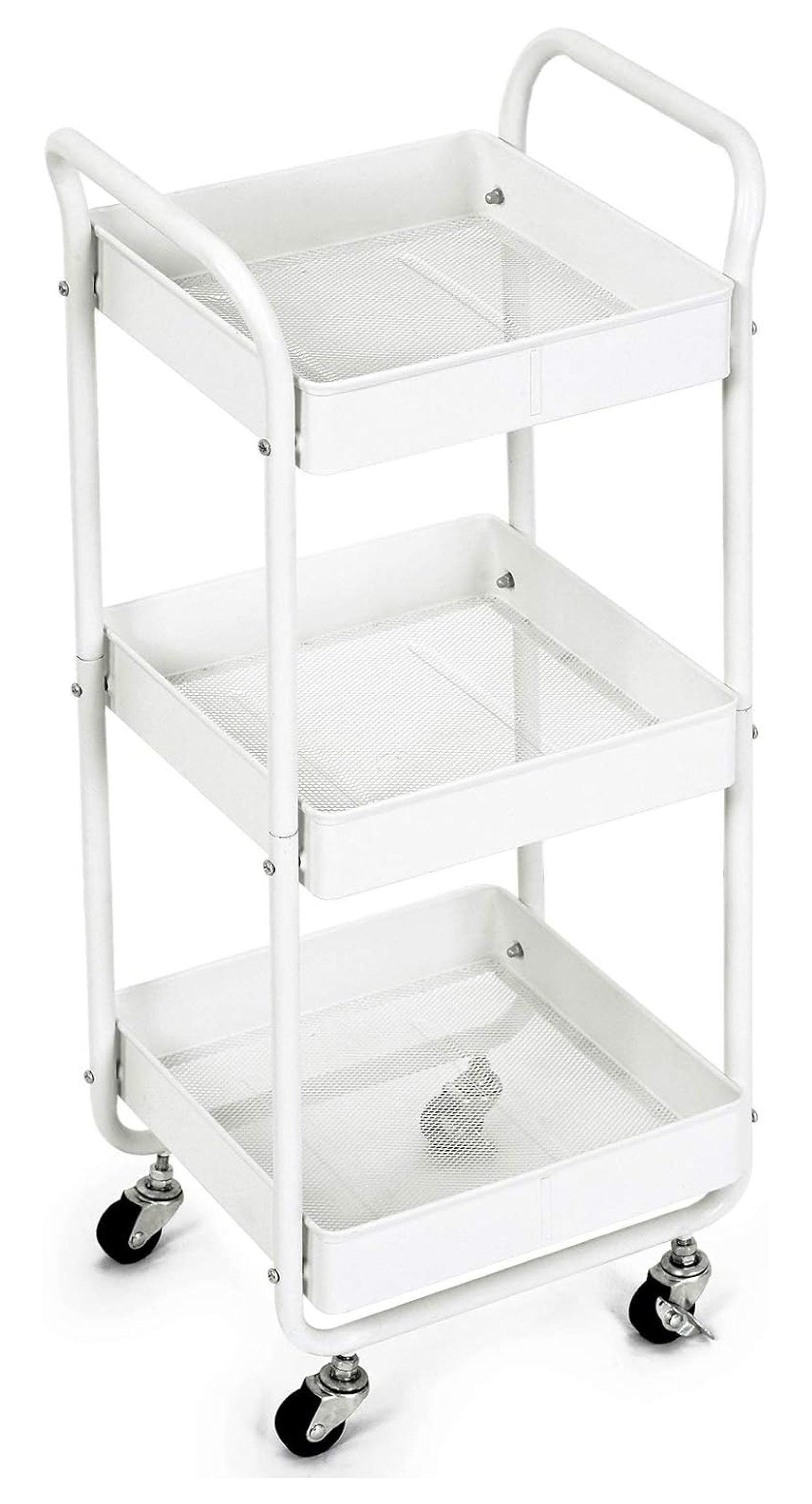 The three-tier metal utility cart is designed for convenient and efficient storage and transportation of various items.