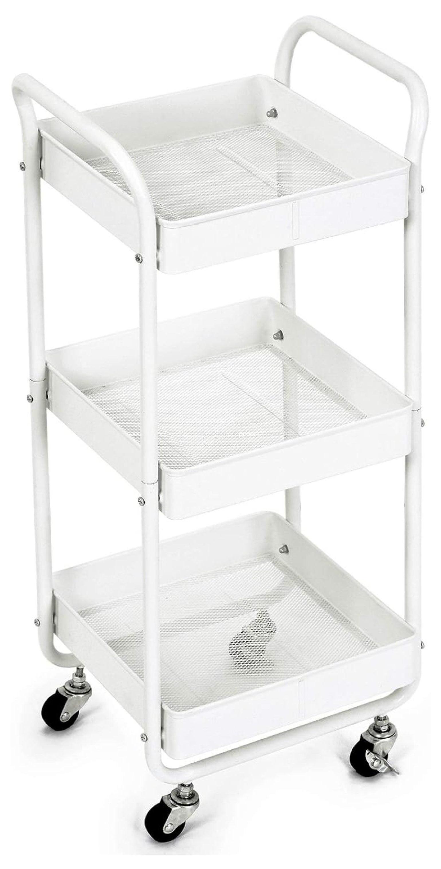 The three-tier metal utility cart is designed for convenient and efficient storage and transportation of various items.