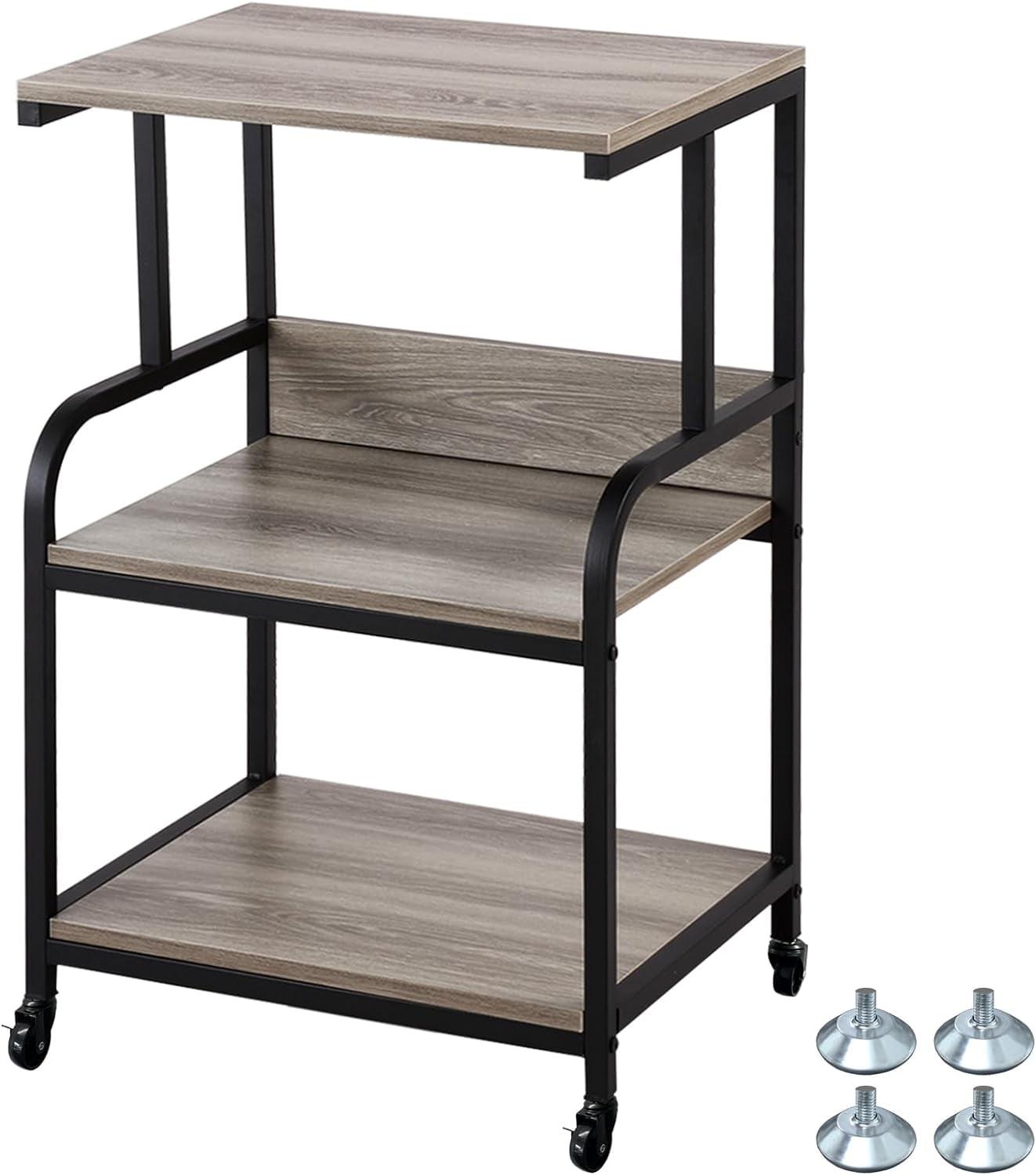 3-Tier Mobile Printer Stand on Wheels with Storage Shelves Industrial Style Machine Cart Organizer Table for Office and Home Slate Grey Wood and Black Metal Finished