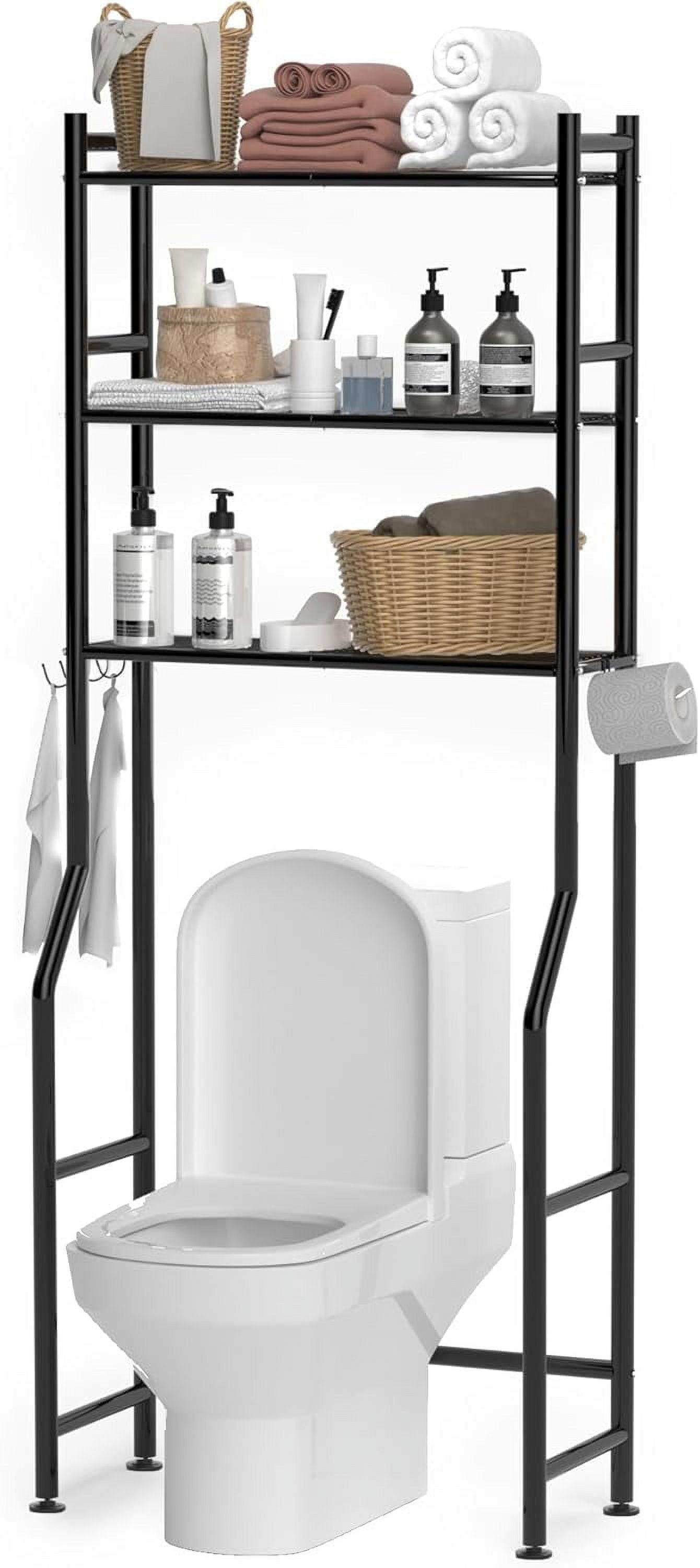 Black Metal 3-Tier Over-the-Toilet Storage Rack with Hooks