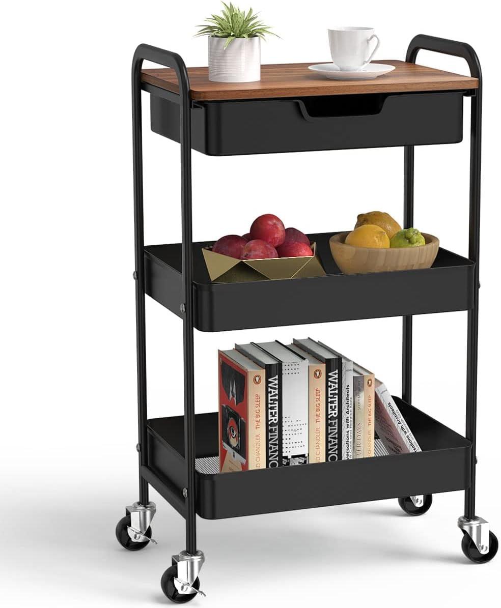 Utility Cart with Wooden Table Top, 3-Tier Metal Rolling Storage Cart, Black Trolley Kitchen Organizer Rolling Desk with Locking Wheels for Office, Classroom, Home