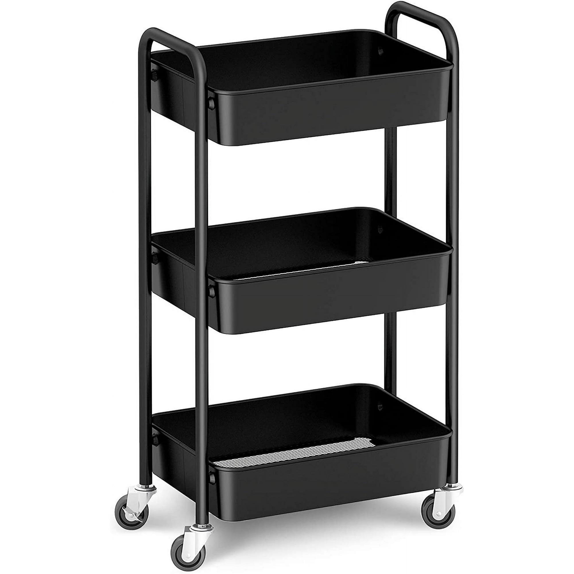Zeki Shoggy 3-Tier Rolling Metal Storage Organizer - Mobile Utility Cart, Kitchen Cart With Caster Wheels (Black)
