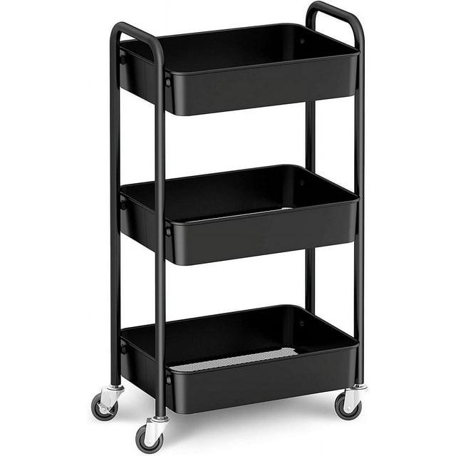 Zeki Shoggy 3-Tier Rolling Metal Storage Organizer - Mobile Utility Cart, Kitchen Cart With Caster Wheels (Black)