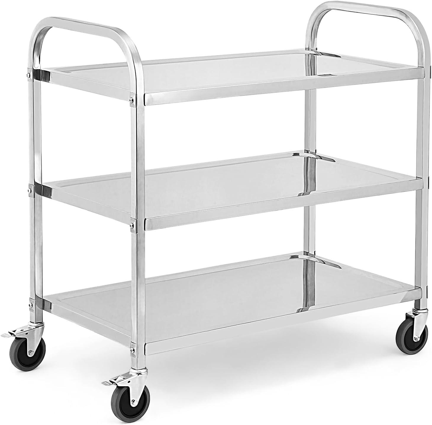 Danolapsi Kitchen Utility Cart,3 Tiers Stainless Steel Rolling Cart, Heavy Duty Trolley Service Cart with Handle and Locking Wheels,for Kitchen, Restaurant,Hospital,Laboratory and Home