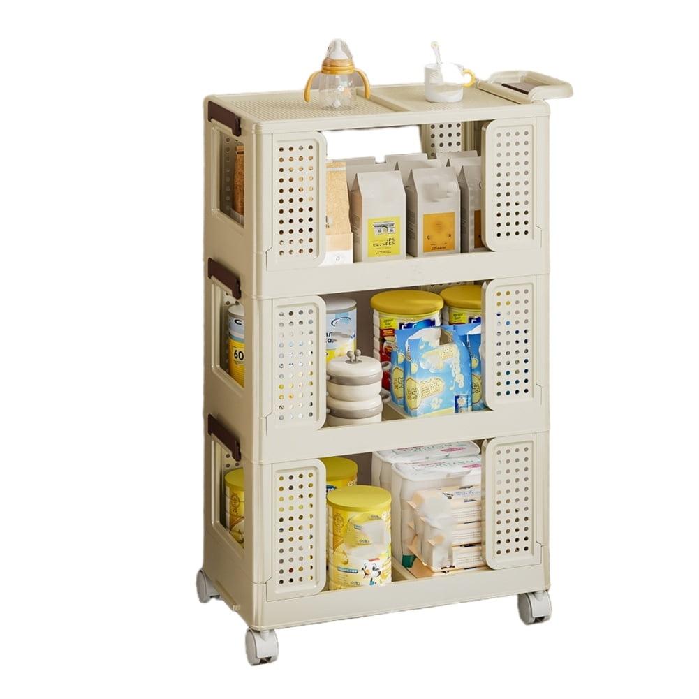 Cream 3-Tier Plastic Kitchen Storage Cart with Lockable Wheels