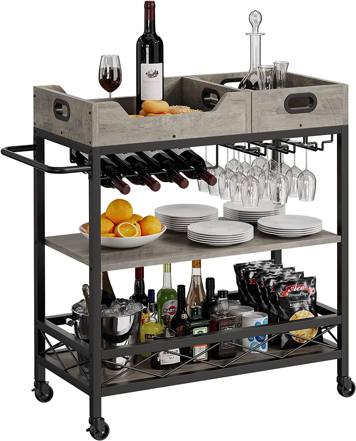 3 Tier The Home Grey Bar Cart with Wheels, Two Portable Trays, Wine Rack, Glasses Holder, Industrial Serving Cart for Kichen, Living Room, Dining Room