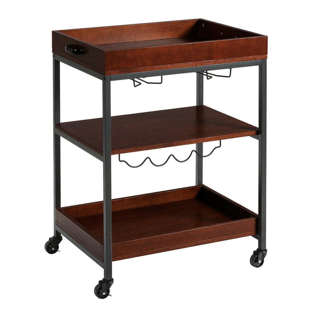 Brown and Black 3-Tier Kitchen Cart with Wine Rack