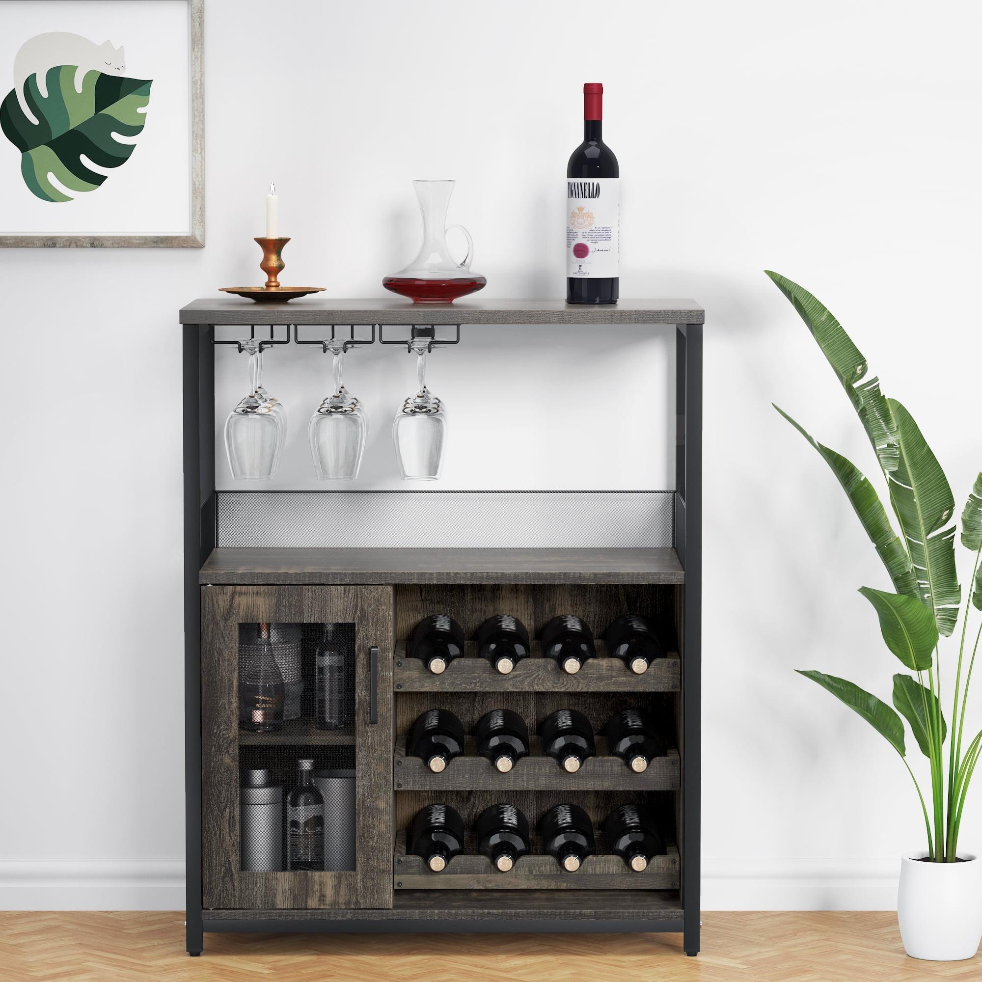 Gray MDF and Iron 3-Tier Wine Bar Cabinet with Removable Rack