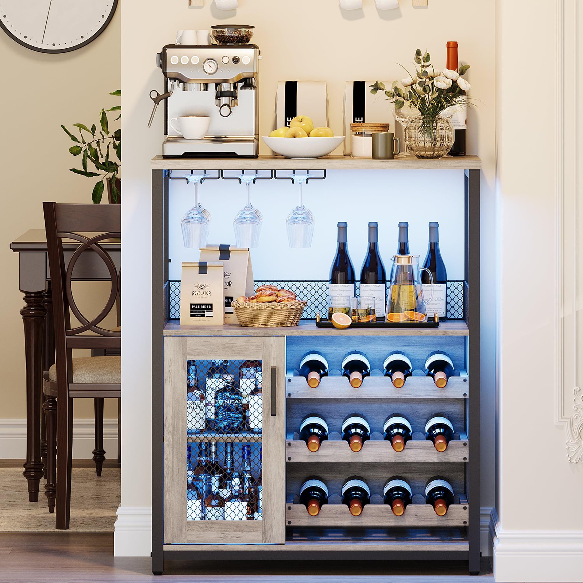 Gray and Brown 3-Tier Wine Bar Cabinet with LED Lights