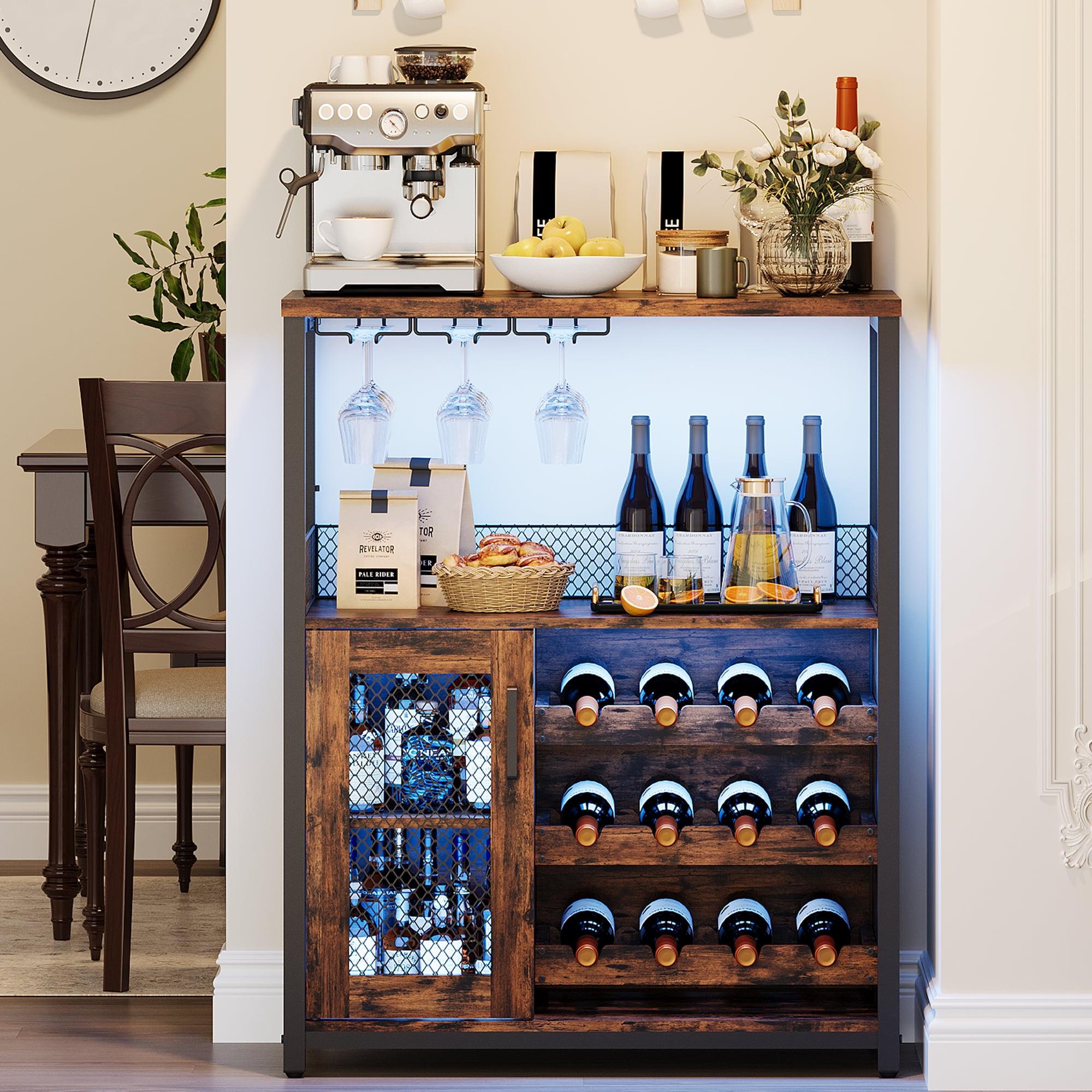 Gray and Brown 3-Tier Wine Bar Cabinet with LED Lights