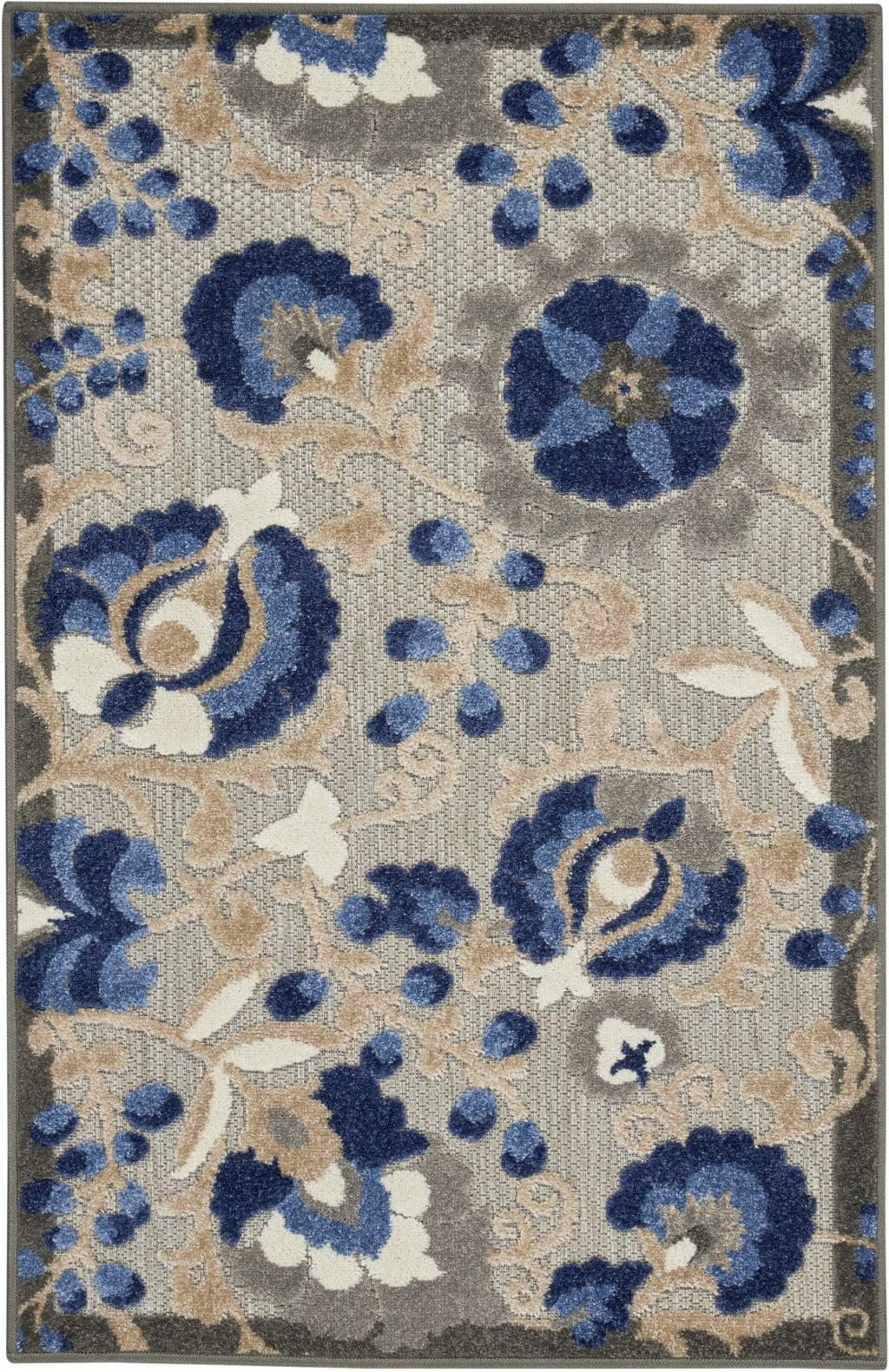 Elysian Blue Floral 3'x4' Synthetic Indoor/Outdoor Rug