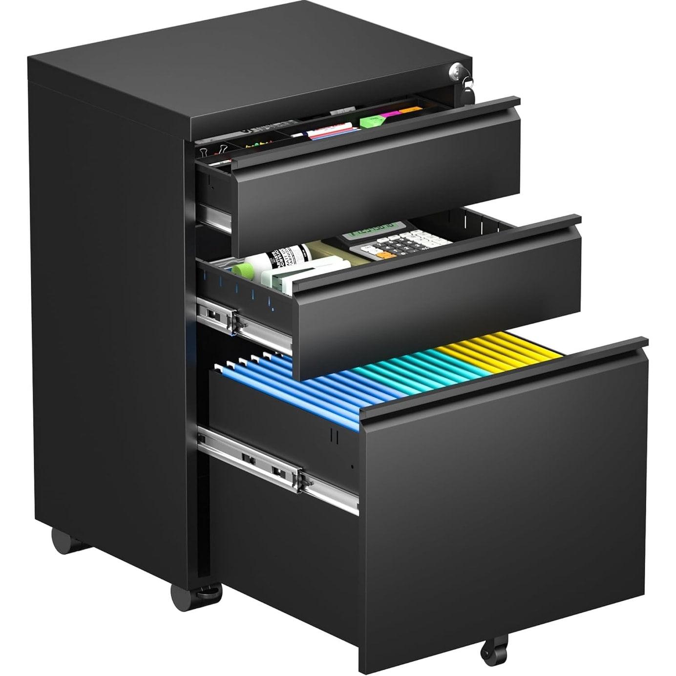 Black Mobile 3-Drawer Lockable Metal File Cabinet