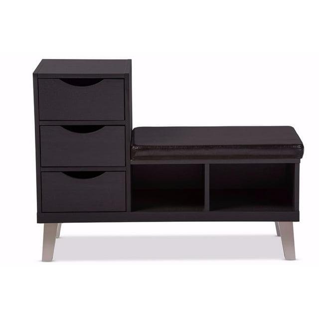 Arielle Modern and Contemporary Wood 3 - Drawer Shoe entryway benches with Two Open Shelves - Dark Brown - Baxton Studio