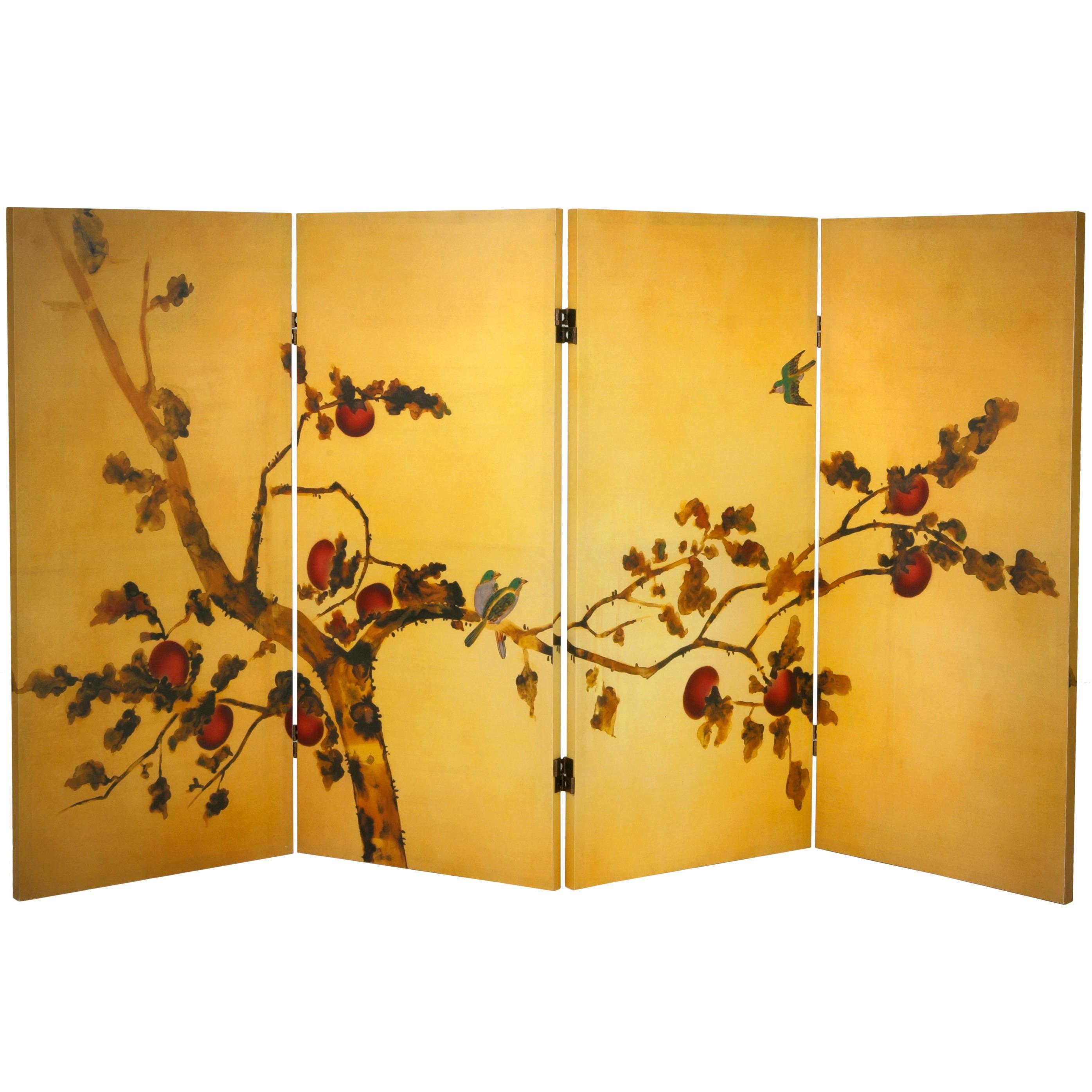 3' Tall Double Sided Birds On Plum Tree Canvas Room Divider - Oriental Furniture: No Assembly, Wood Composite