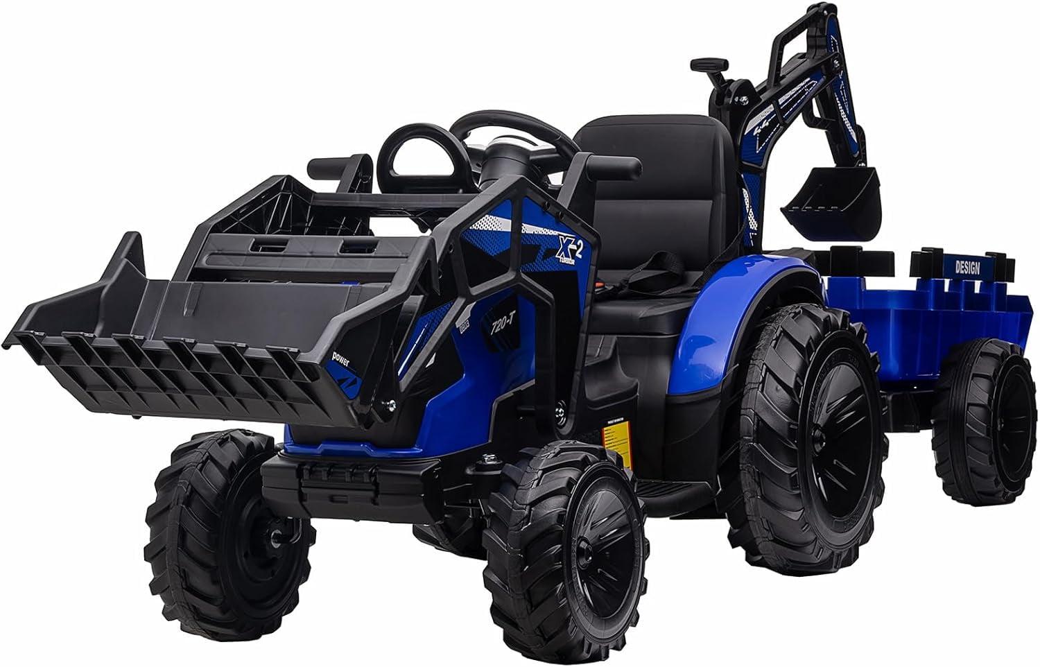 Juiluna 3 in 1 Ride on Tractor, Excavator & Bulldozer, 24V Electric Vehicle w/Trailer, Shovel Bucket, Digger, Remote Control, EVA Tire, LED Light, Music, USB & Blue tooth, Kids Ride on Car,