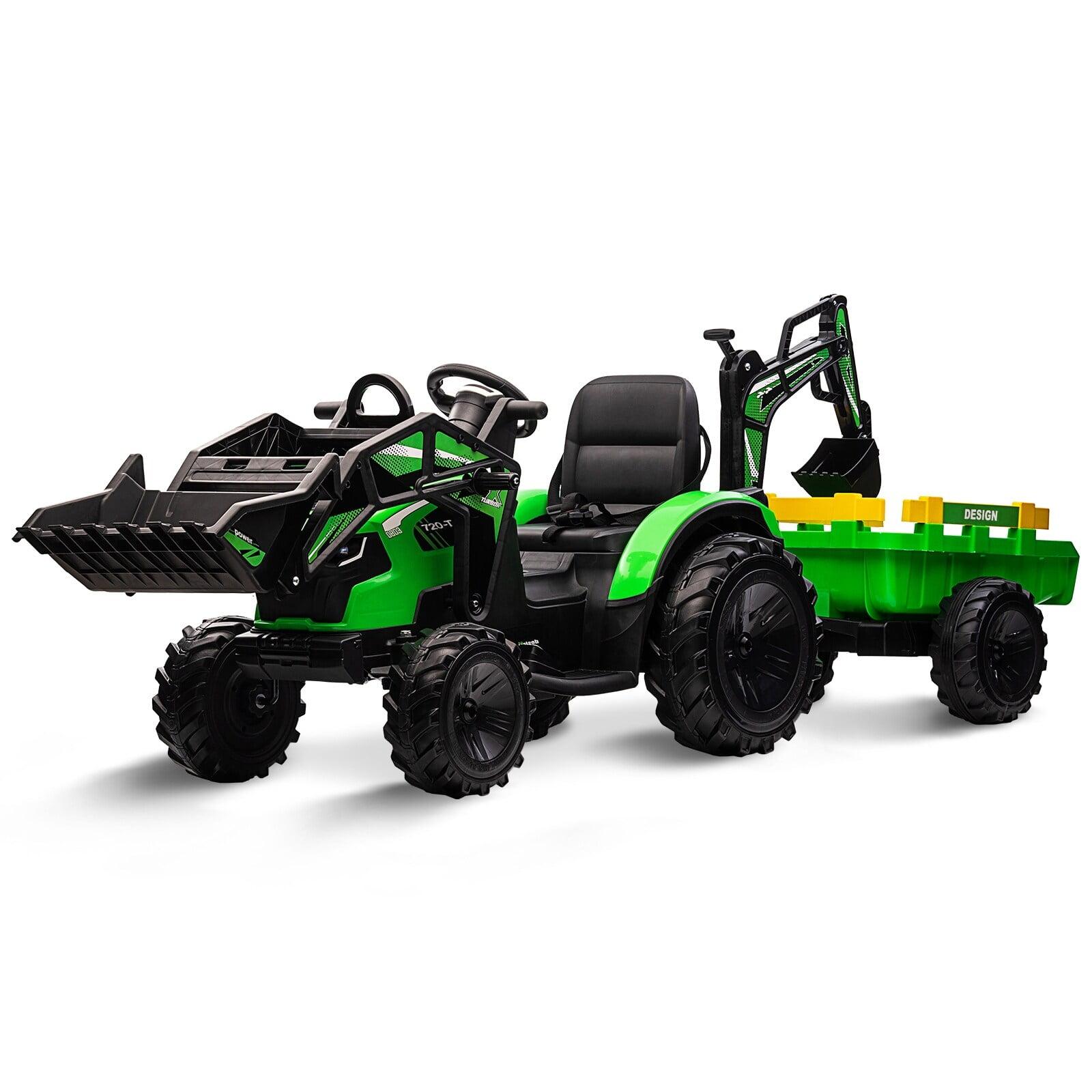 Green 24V Ride-On Tractor with Trailer and Shovel Bucket