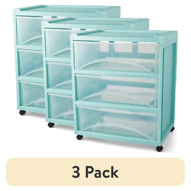 Mainstays 3-Drawer Wide Plastic Storage Cart, Mint, with Casters