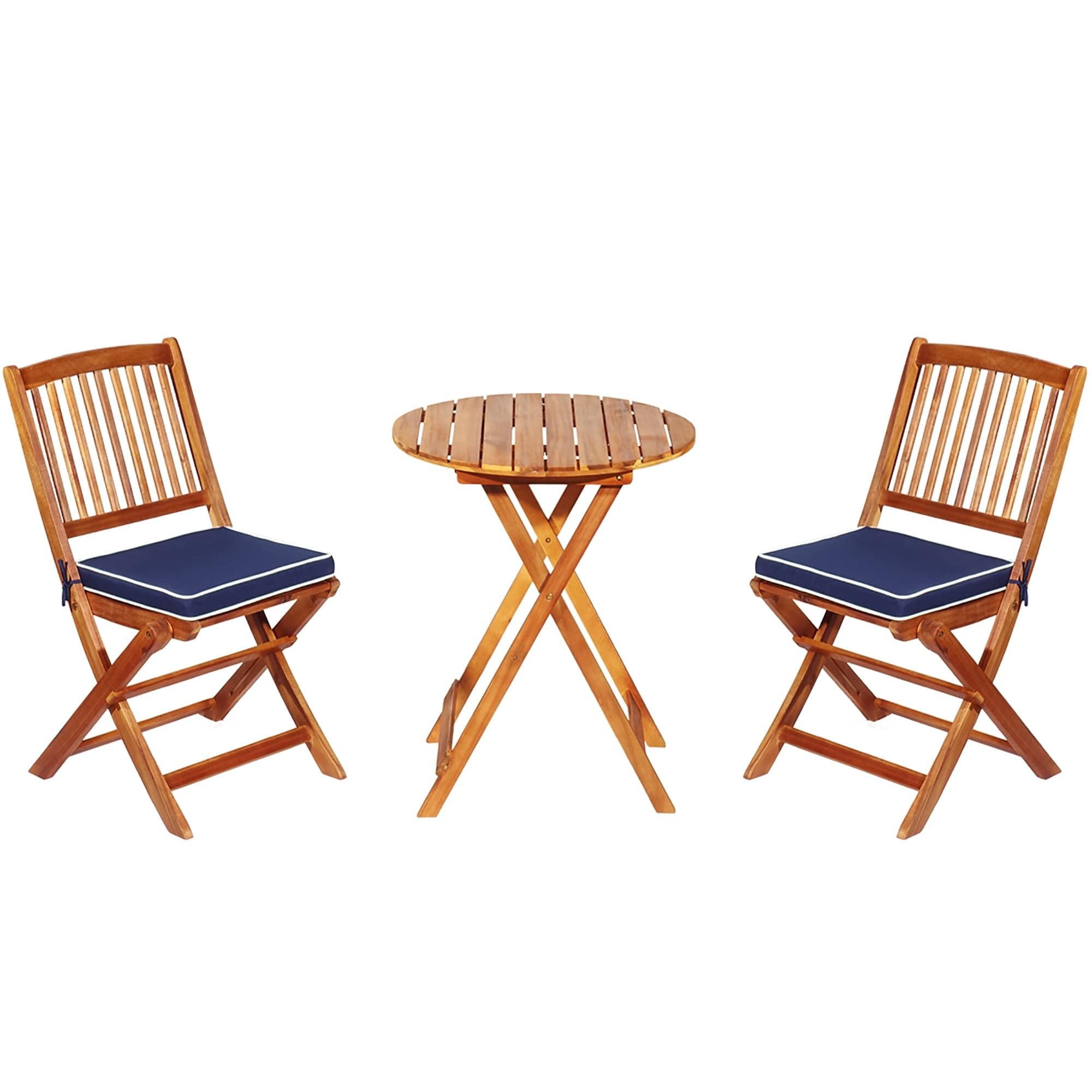 3-Piece Folding Acacia Wood Patio Bistro Set with Navy Cushions