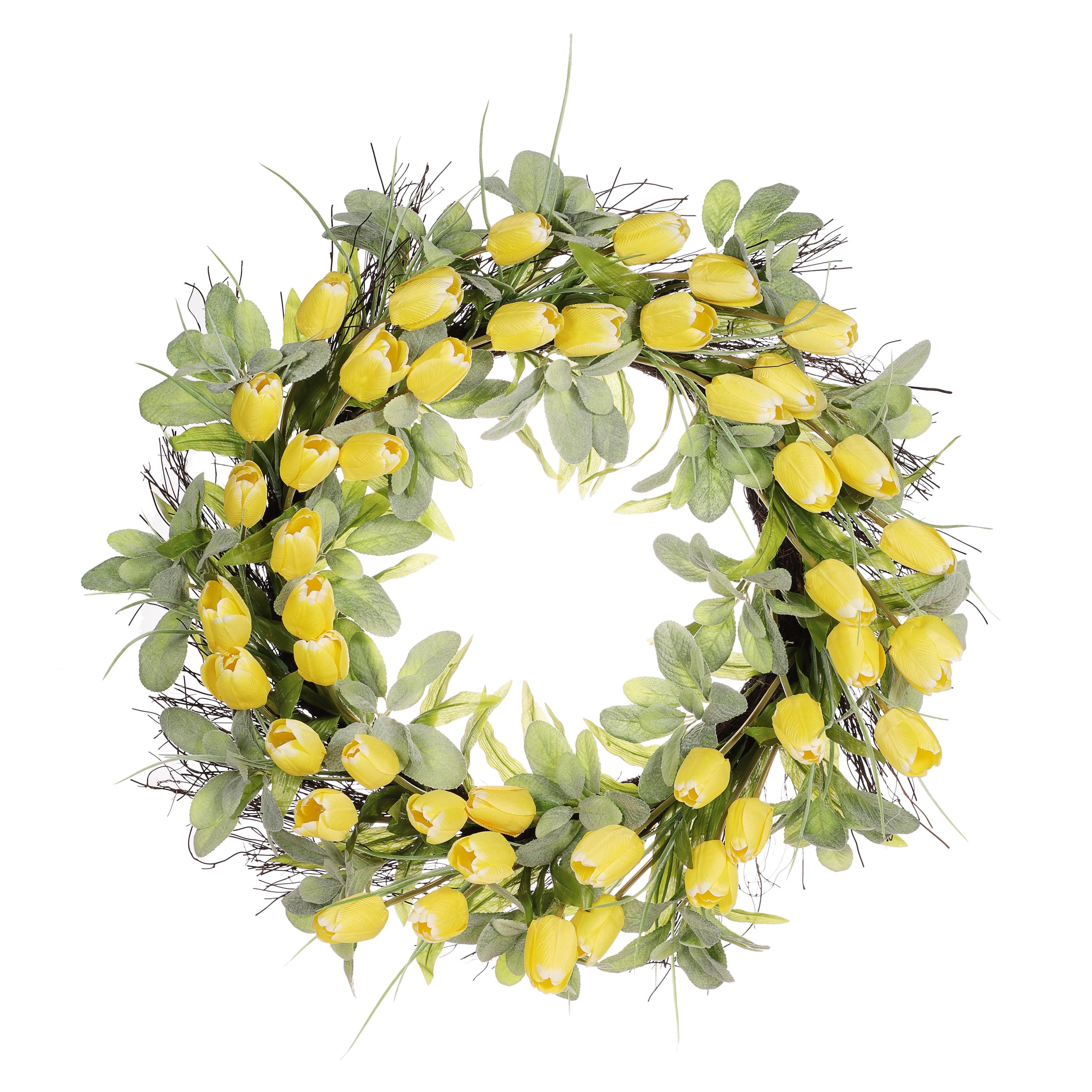 30" Artificial Tulip Floral Spring Wreath with Green Leaves