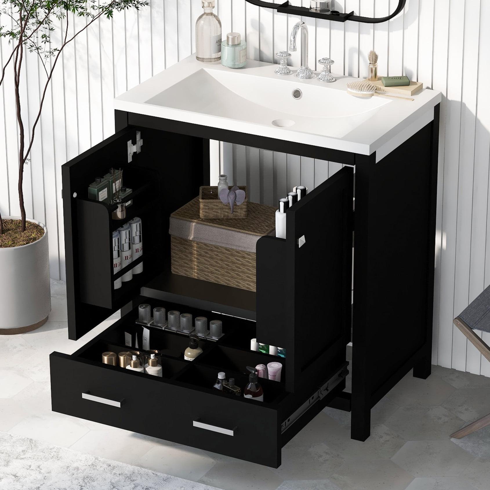 Black Solid Wood 30" Freestanding Bathroom Vanity with White Sink