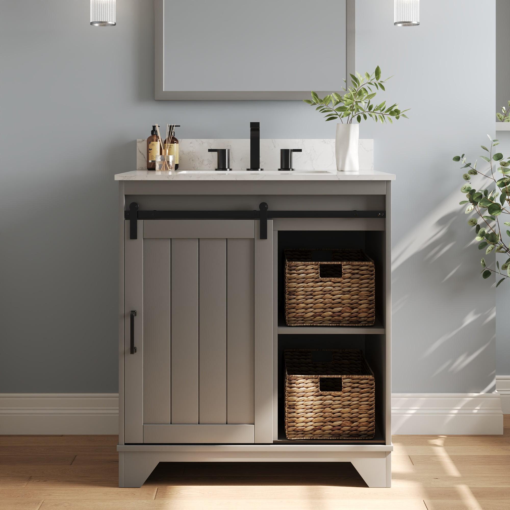 Gray 30" Freestanding Bathroom Vanity with Ceramic Sink and Storage Baskets