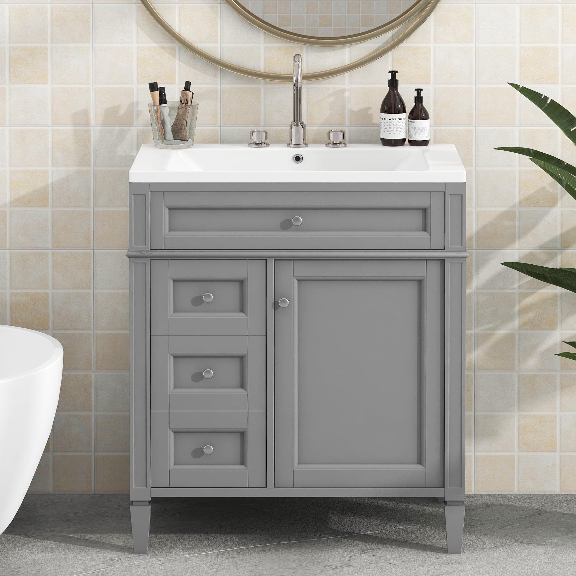 Gray MDF Modern Bathroom Vanity with Top Sink and Storage