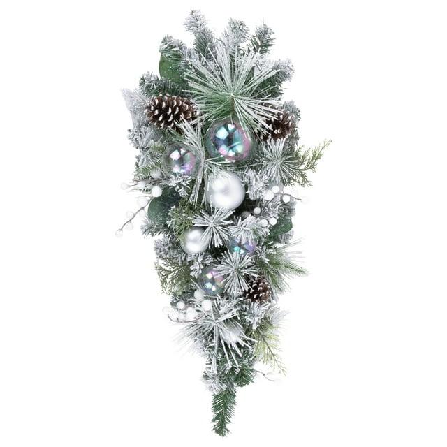 Northlight Seasonal 30" Flocked Pine Artificial Christmas Teardrop Swag with Iridescent Ornaments - Unlit