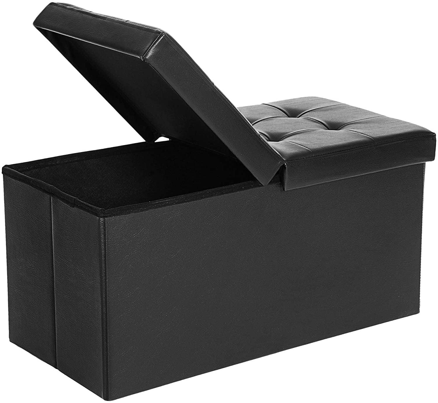 SONGMICS 43" Folding Storage Ottoman Bench Leather Ottoman Storage Footrest Hold up to 660lb Black