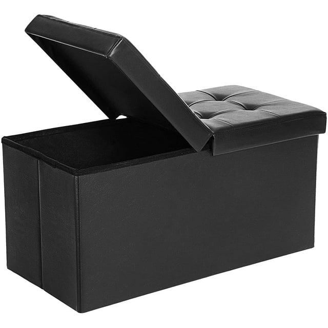 SONGMICS 43" Folding Storage Ottoman Bench Leather Ottoman Storage Footrest Hold up to 660lb Black