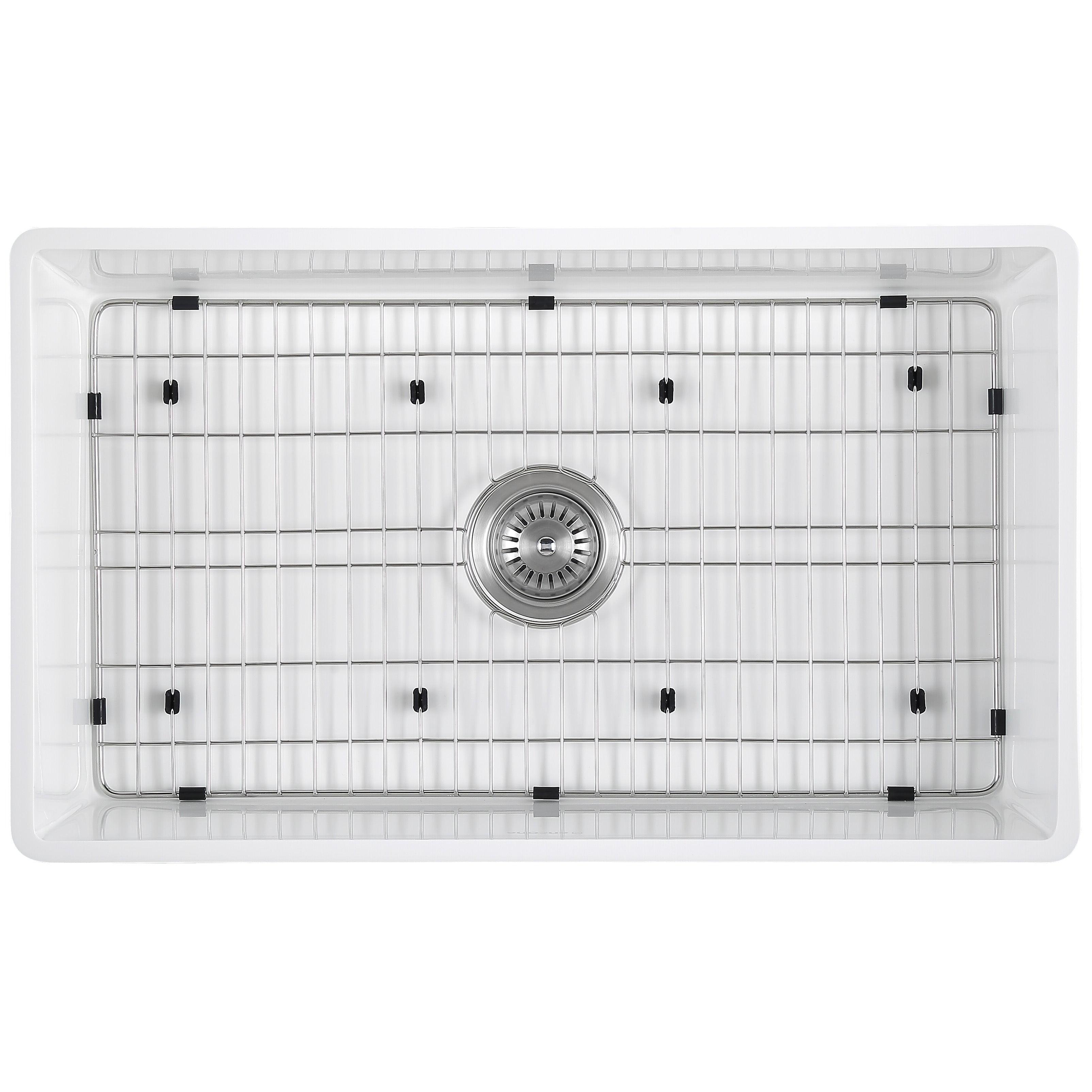 30" White Pure Stone Farmhouse Kitchen Sink with Grid