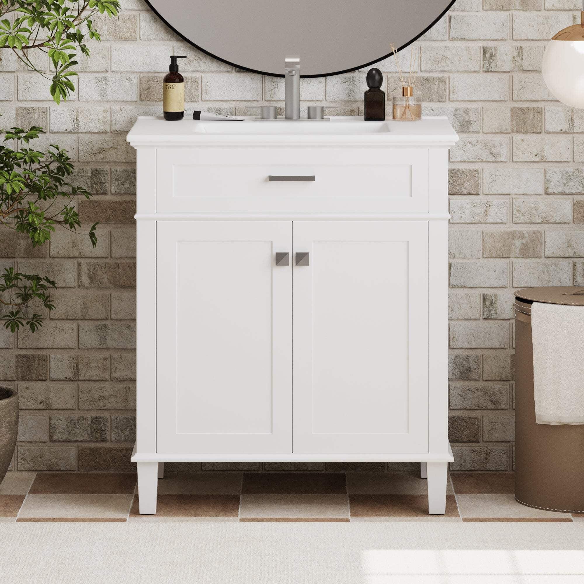 White 30-Inch Freestanding Bathroom Vanity with Ceramic Basin