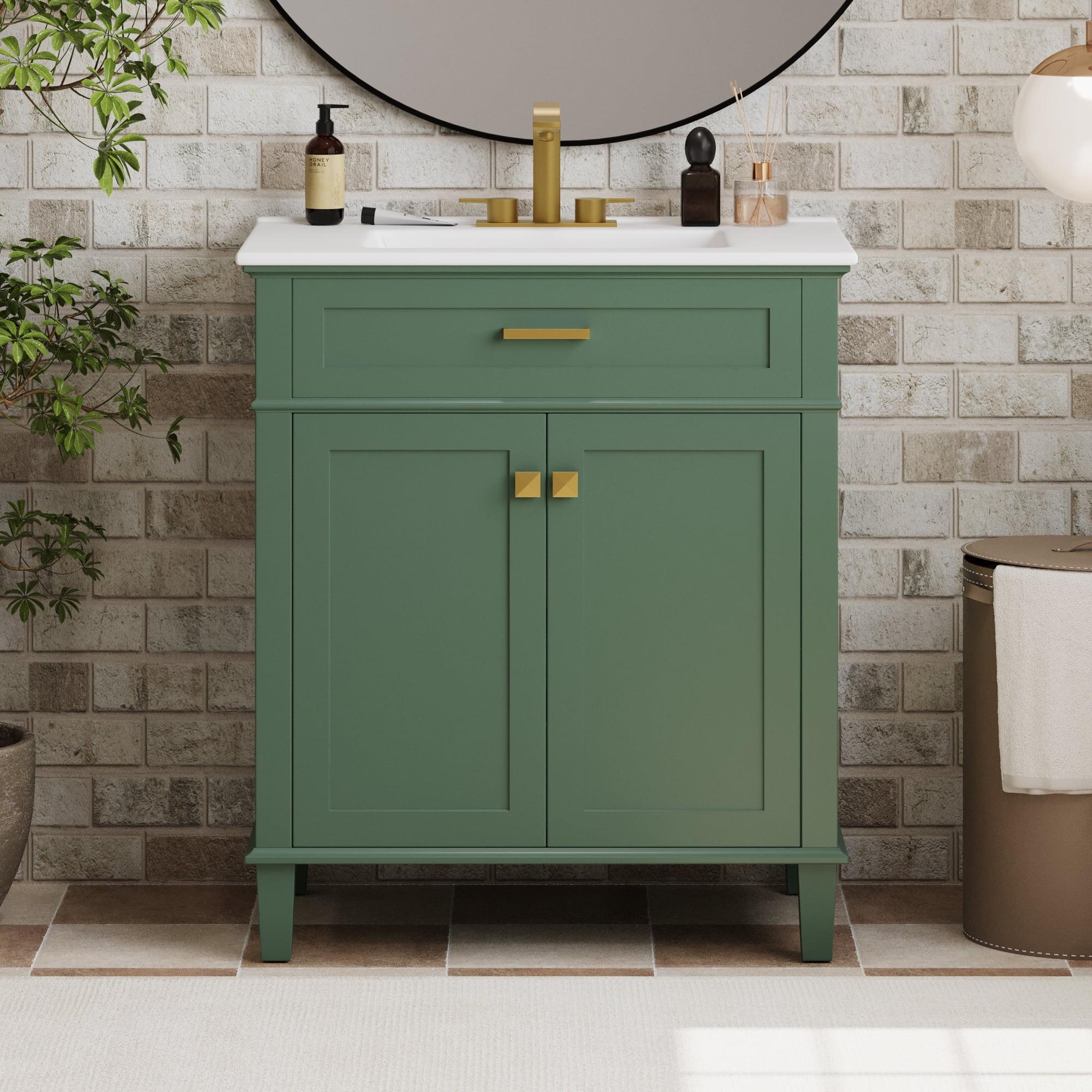 30 Inch Bathroom Vanity with Ceramic Basin, Soft Close Door and Adjustable Shelves, Single Sink Bathroom Vanity, Green