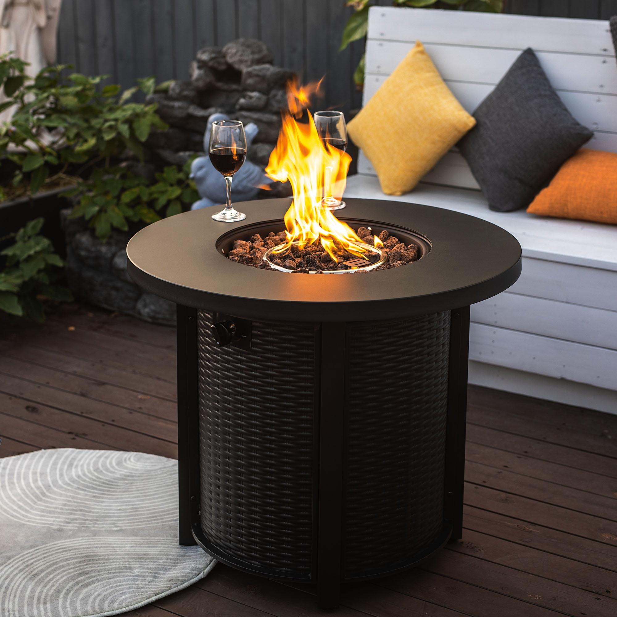 30" Black Steel Round Propane Fire Pit Table with Rattan Pattern