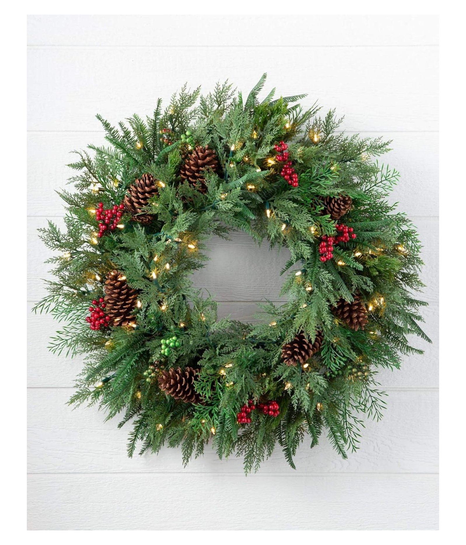 30 Inch Prelit Winter Pine and Berry Artificial Christmas Wreath