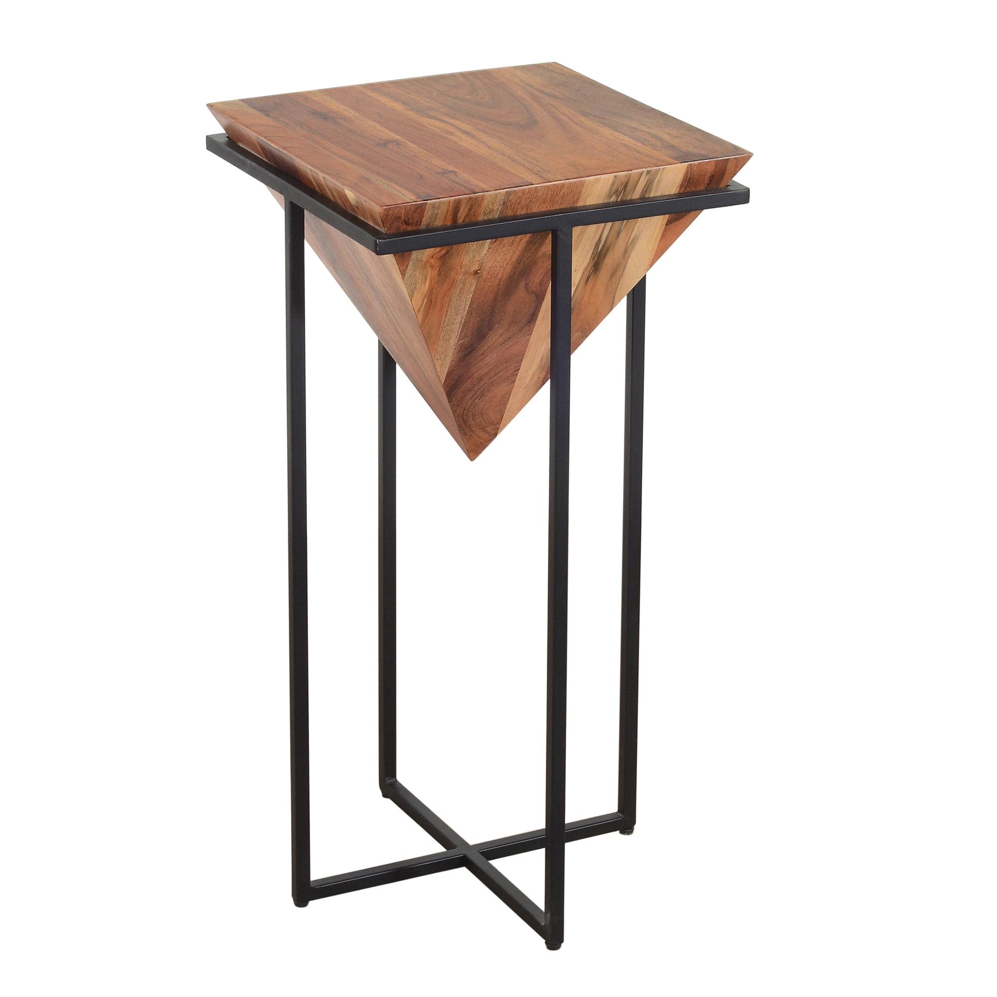 30-Inch Brown Acacia Wood Side Table with Black Metal Cross Base