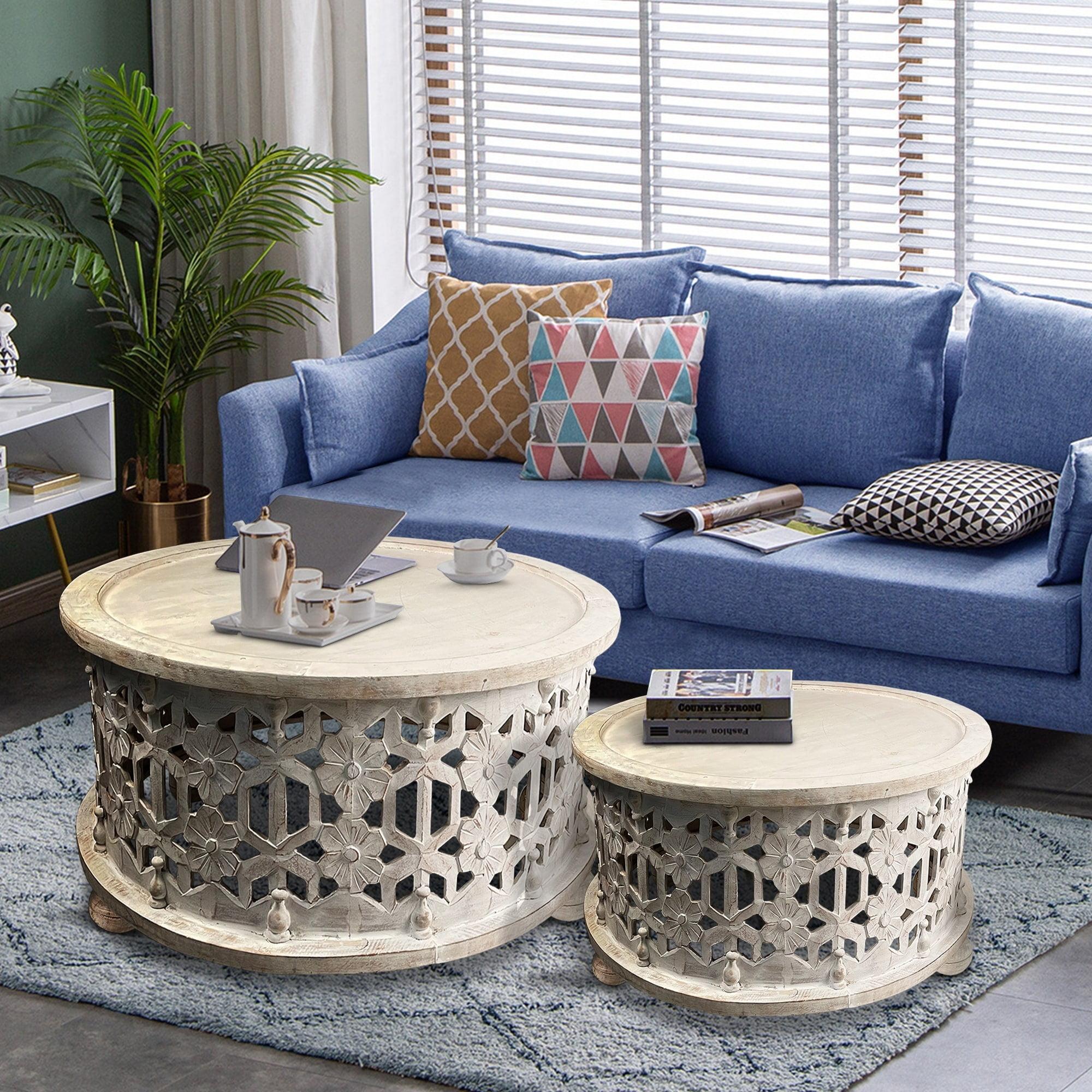 16 x 30 x 30 in. 2 Piece Wooden Round Coffee Table Set with Floral Cut Out Design, Antique White