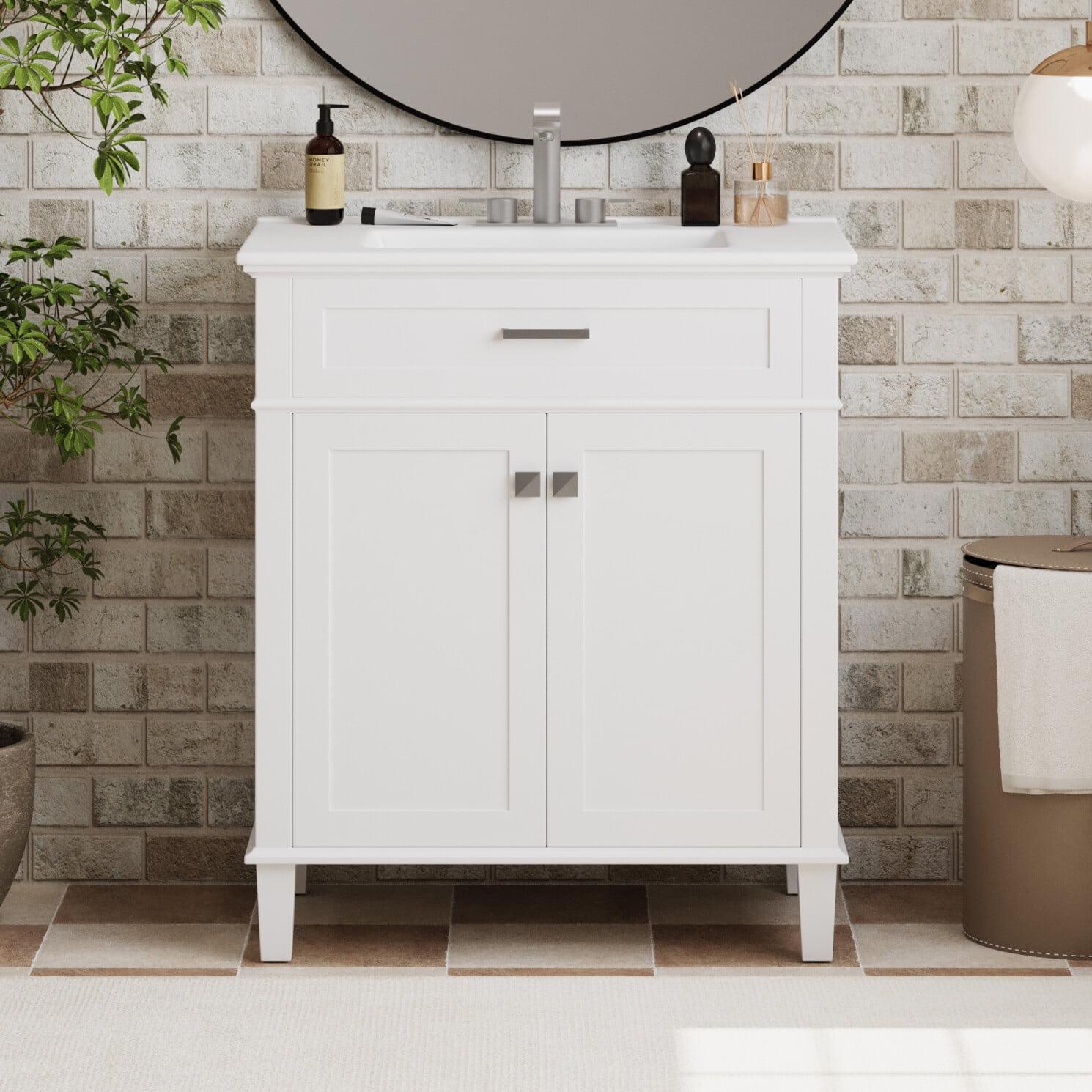 30" Modern Bathroom Vanity, Single Bathroom Sink Cabinet with Ceramic Basin, Adjustable Shelves, Freestanding Floor Bathroom Storage Cabinet for Bathroom, Kitchen, White