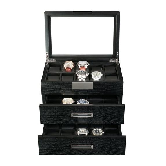 30-Piece Black Ebony Wood Watch Extra Height Clearance Display Case and 3 Drawer Storage Organizer Box