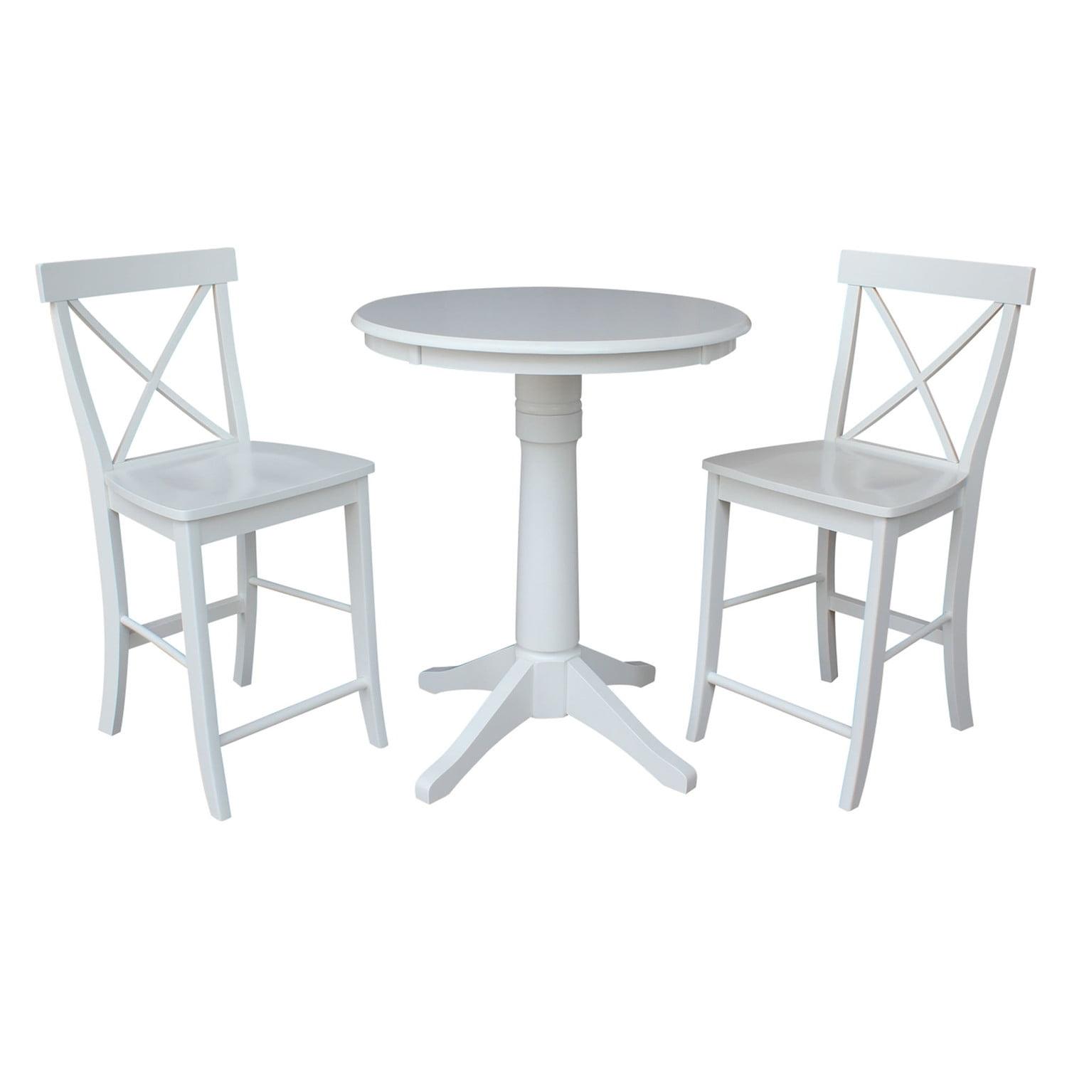 White Solid Wood Round Counter Height Table with 2 X-Back Stools