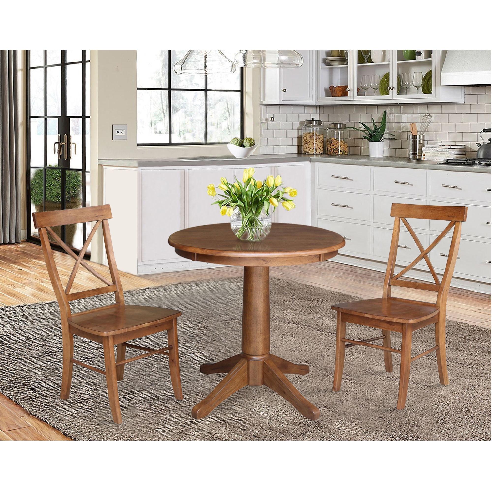 30'' Round Solid Wood Pedestal Dining Table with 2 Cross Back Chairs in Distressed Oak