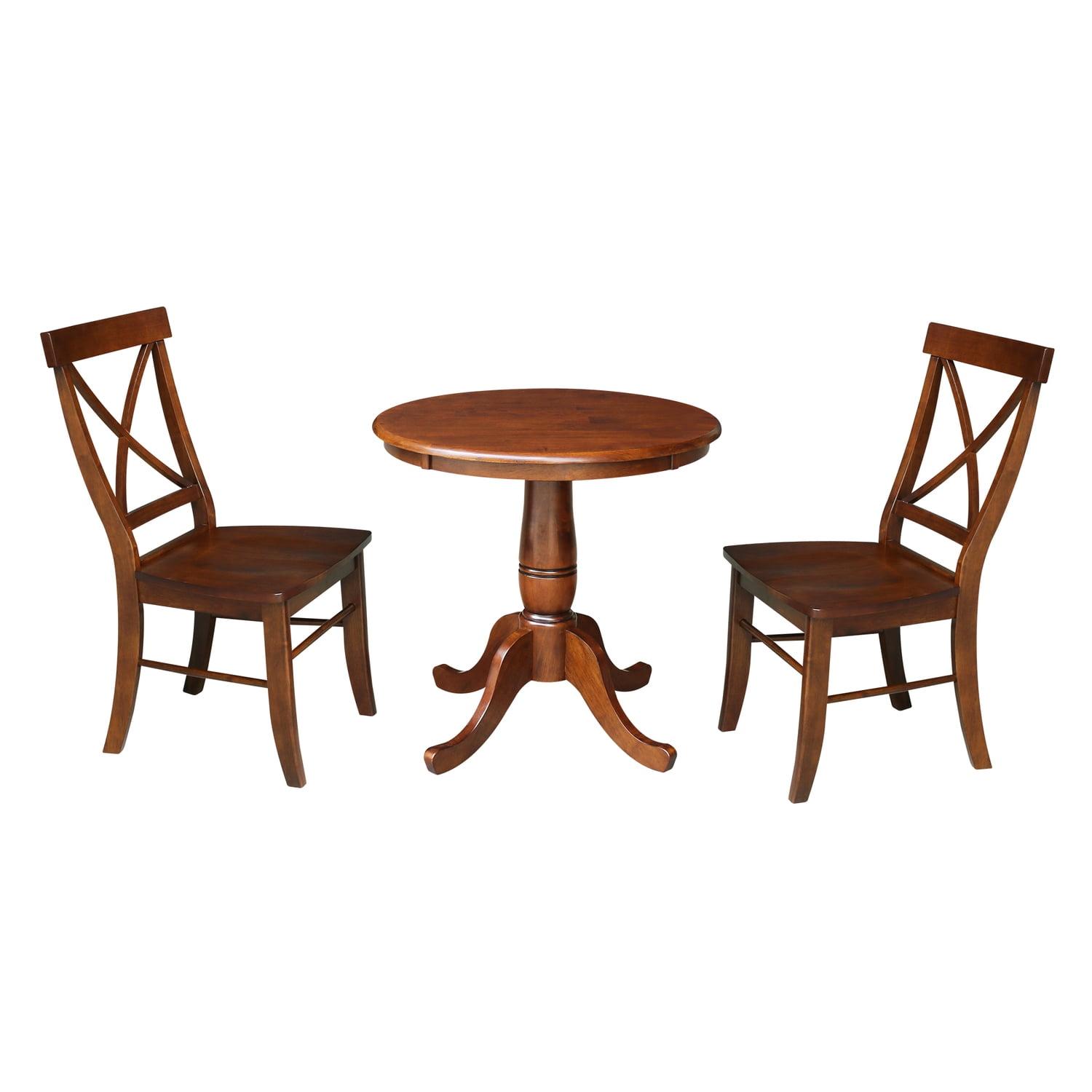 International Concepts 30" Round Top Pedestal Table with 2 X Back Chairs Dining Sets Espresso: Solid Parawood, 3-Piece Set