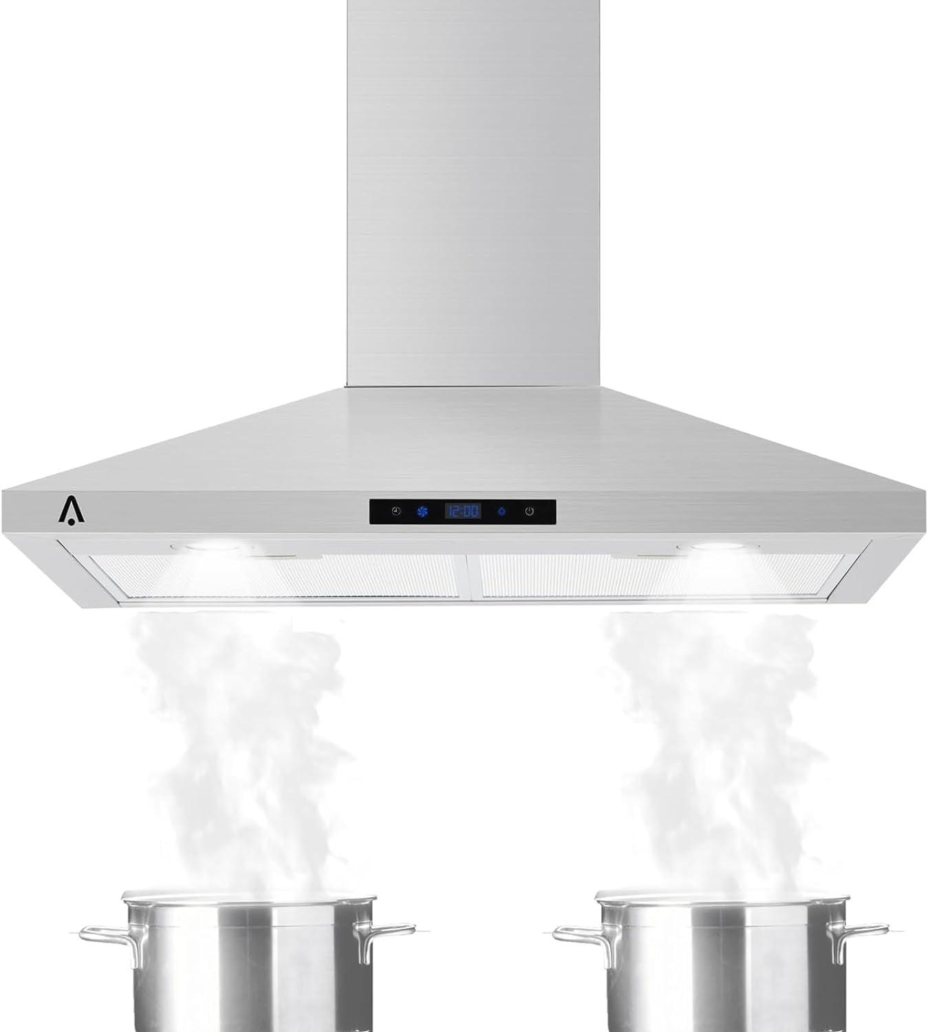 30" Wall Mount Range Hood, 265 CFM Stainless Steel Kitchen Range Hood with Touch Control-Ducted/Ductless Convertible,3 Inhalation Speeds,LED Light,Hood Vents for Kitchen